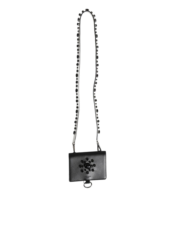 Black Leather Crystal Embellished Card Holder Wallet Dolce & Gabbana