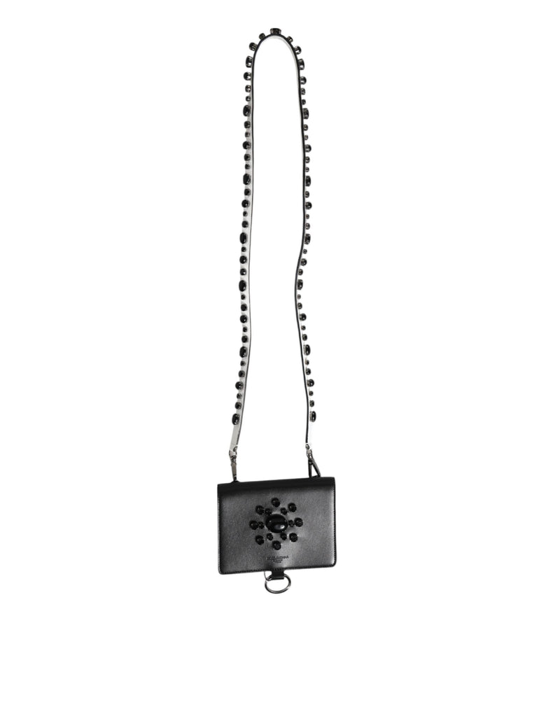 Black Leather Crystal Embellished Card Holder Wallet Dolce & Gabbana