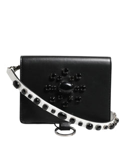 Black Leather Crystal Embellished Card Holder Wallet Dolce & Gabbana