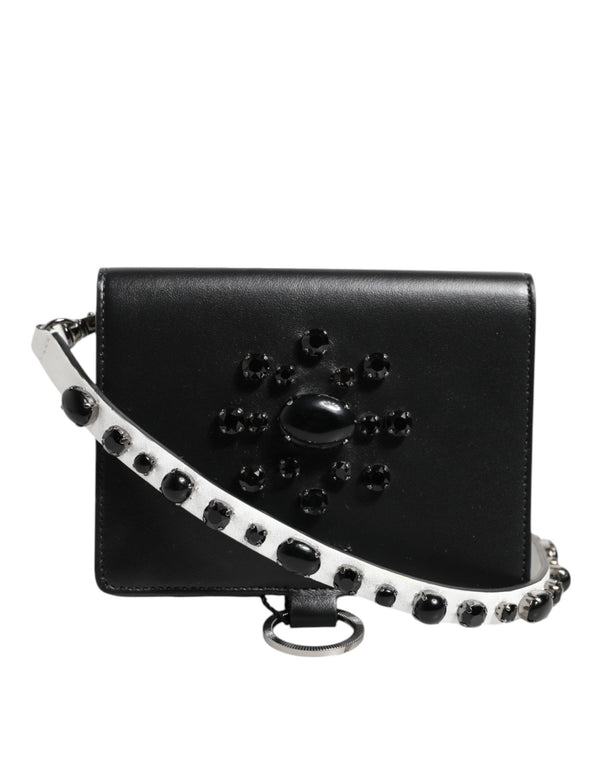 Black Leather Crystal Embellished Card Holder Wallet Dolce & Gabbana