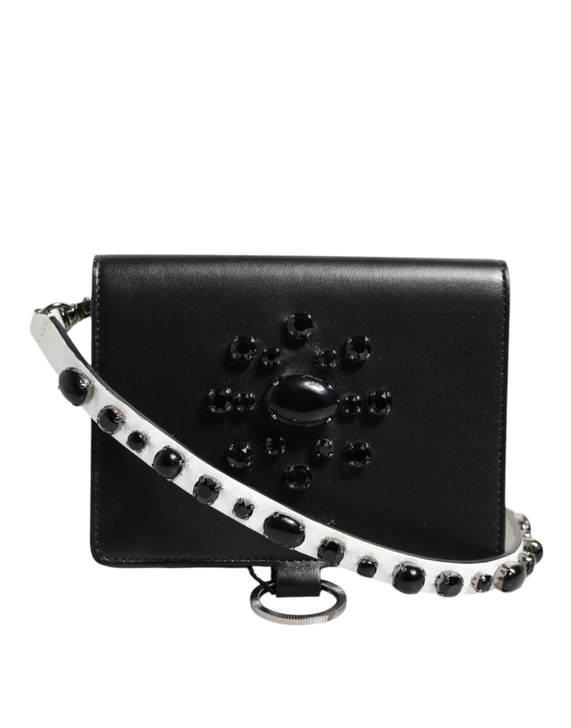 Black Leather Crystal Embellished Card Holder Wallet Dolce & Gabbana