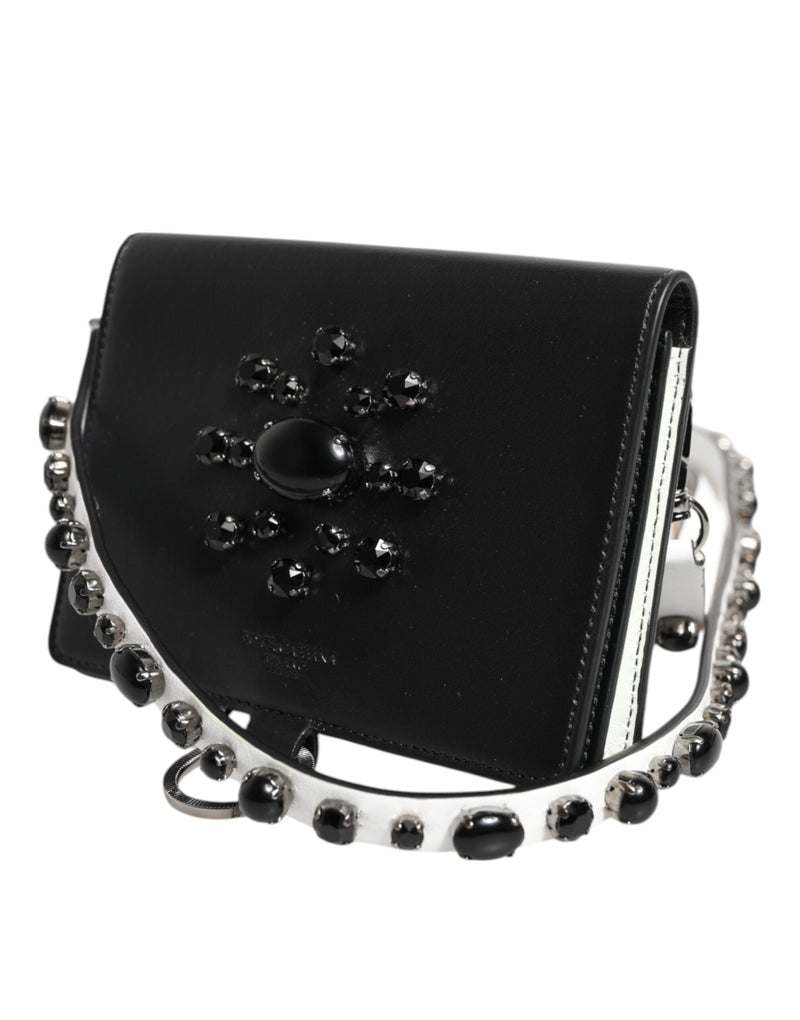 Black Leather Crystal Embellished Card Holder Wallet Dolce & Gabbana