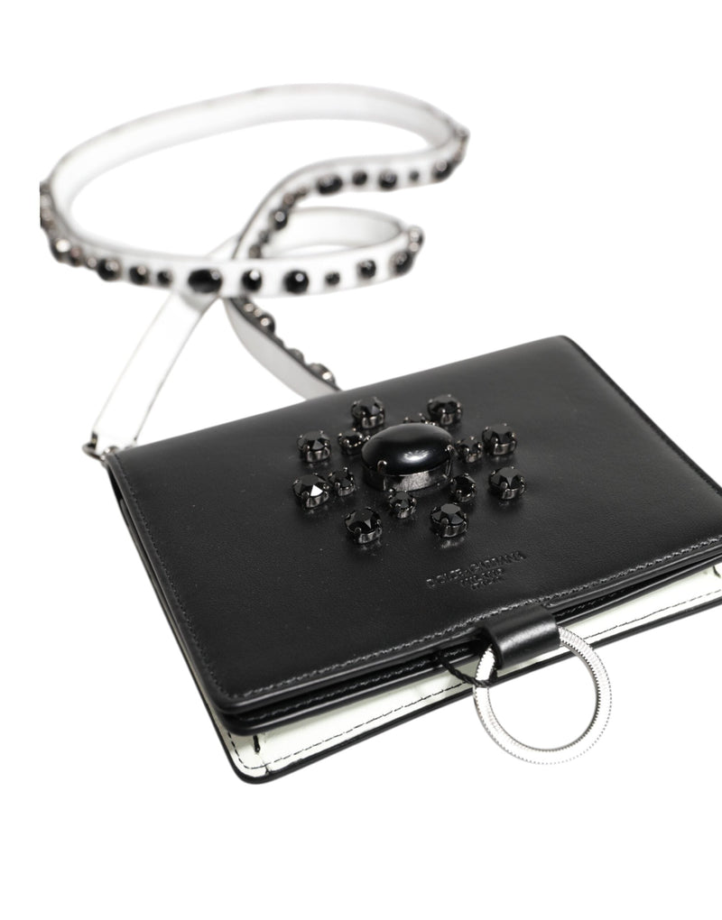Black Leather Crystal Embellished Card Holder Wallet Dolce & Gabbana