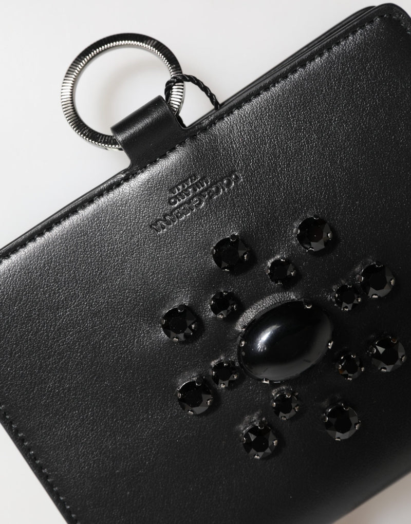 Black Leather Crystal Embellished Card Holder Wallet Dolce & Gabbana
