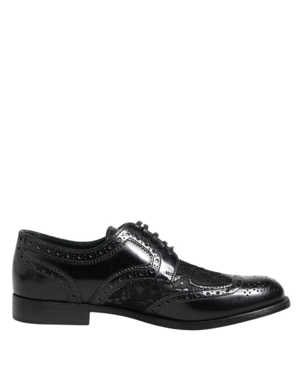 Black Leather Floral Lace Dress Formal  Shoes Dolce & Gabbana