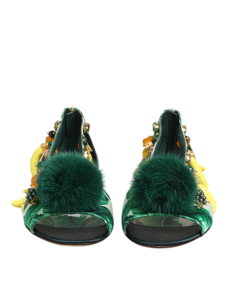 Green Mink Fur Satin Banana Leaf Sandals Shoes Dolce & Gabbana