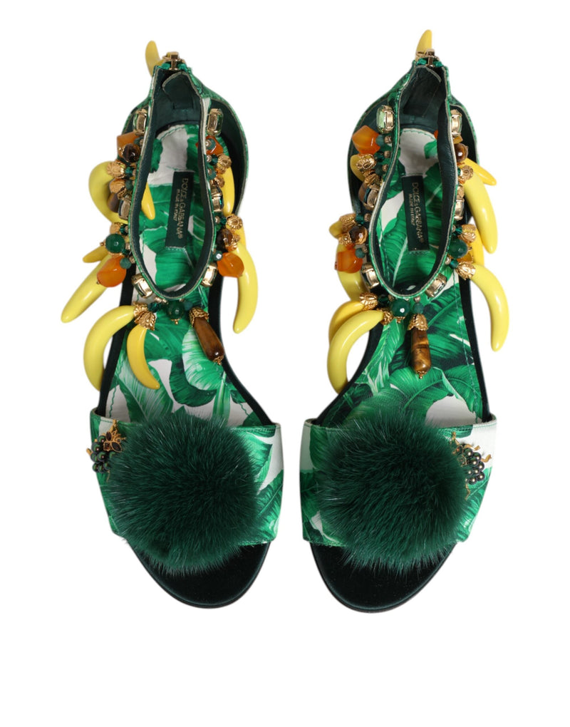 Green Mink Fur Satin Banana Leaf Sandals Shoes Dolce & Gabbana