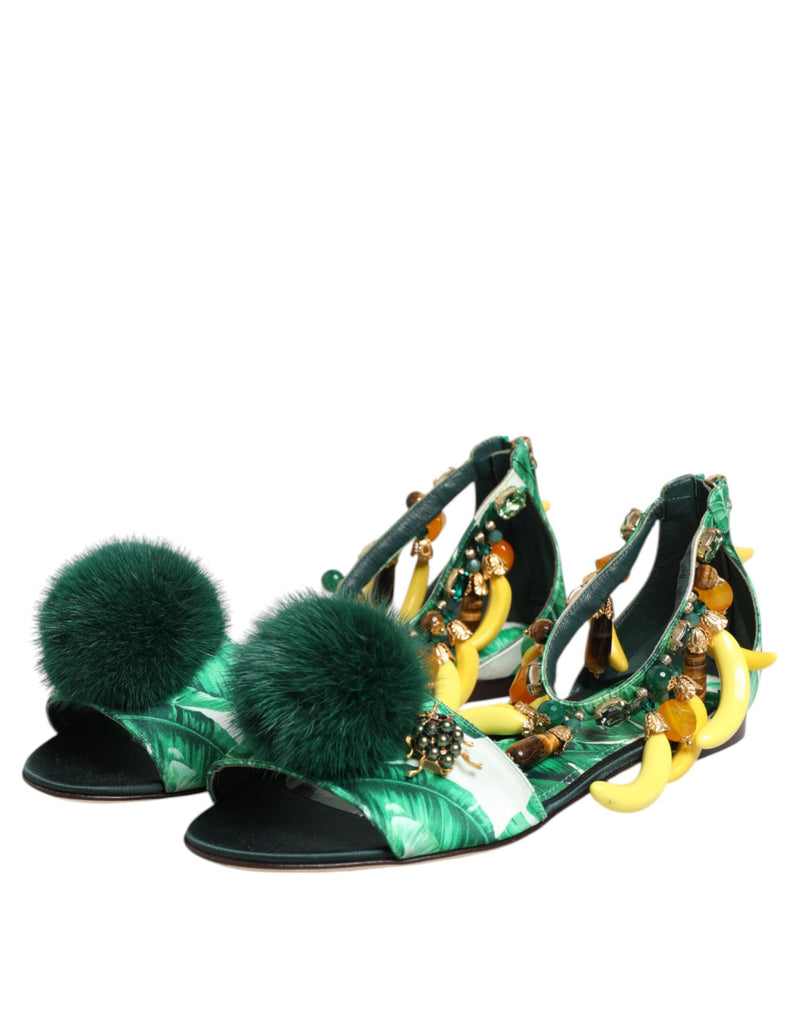 Green Mink Fur Satin Banana Leaf Sandals Shoes Dolce & Gabbana