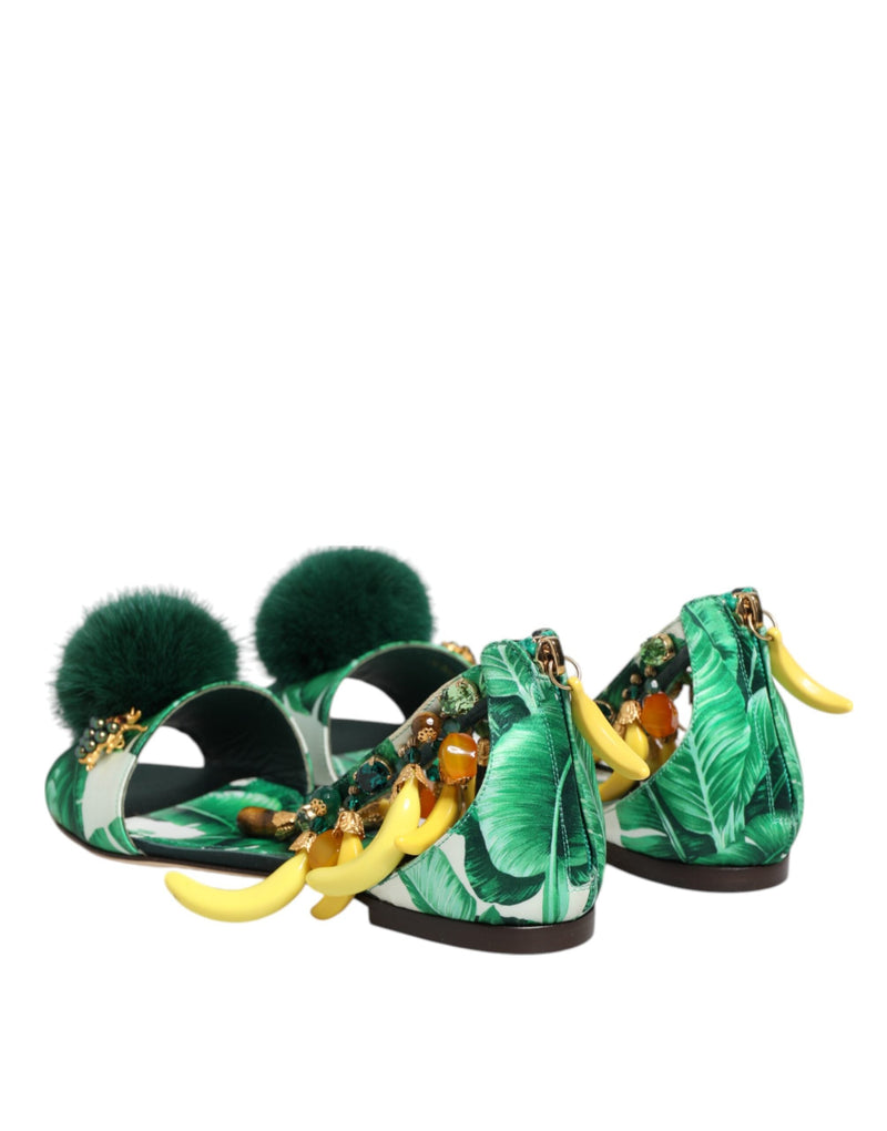 Green Mink Fur Satin Banana Leaf Sandals Shoes Dolce & Gabbana