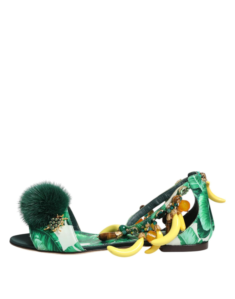 Green Mink Fur Satin Banana Leaf Sandals Shoes Dolce & Gabbana