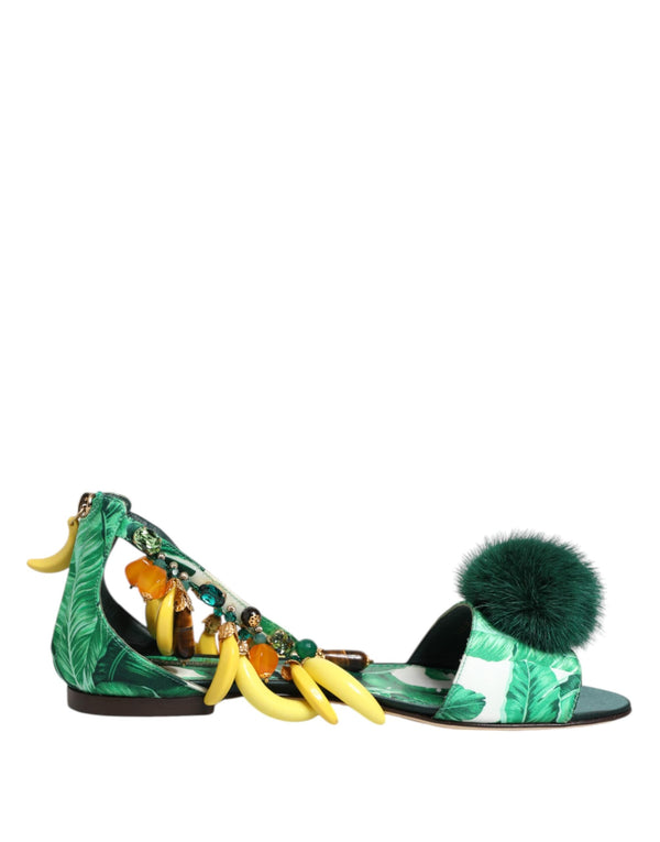Green Mink Fur Satin Banana Leaf Sandals Shoes Dolce & Gabbana
