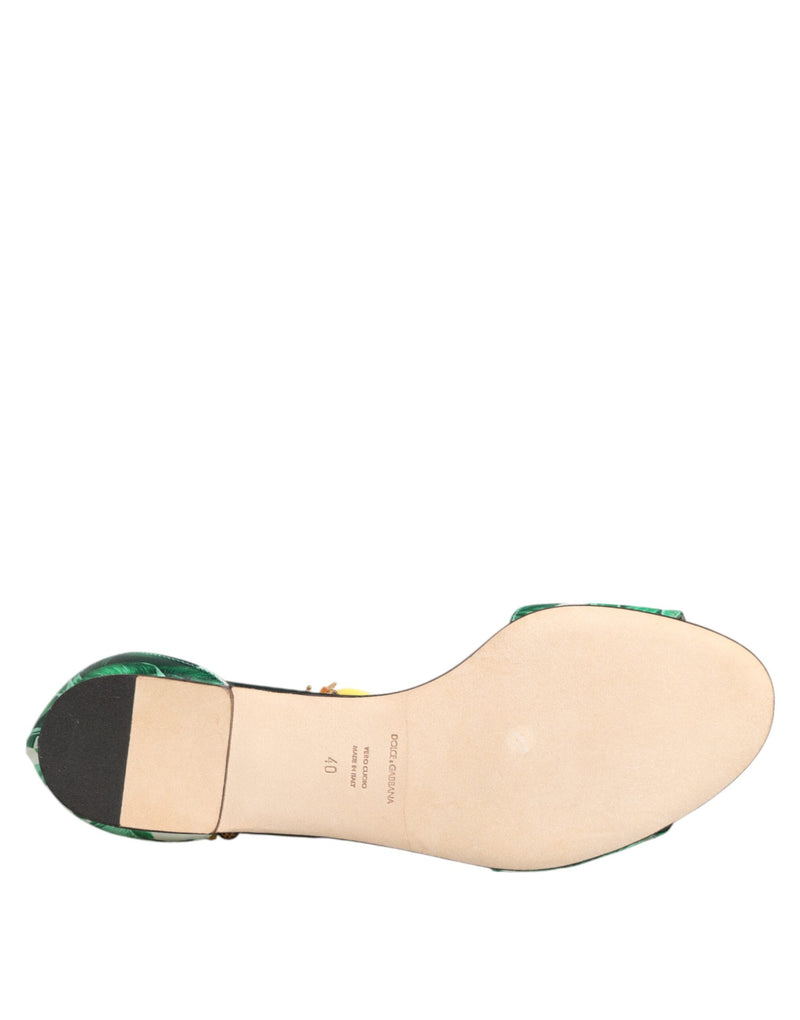 Green Mink Fur Satin Banana Leaf Sandals Shoes Dolce & Gabbana