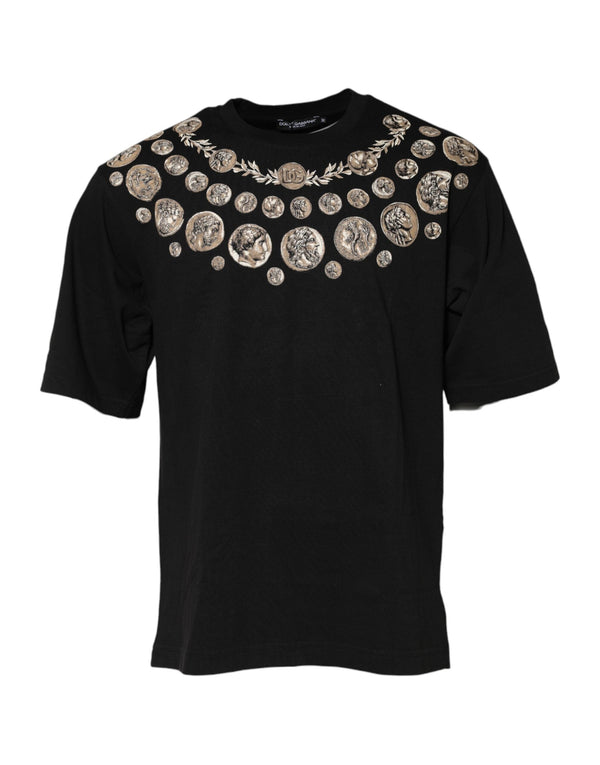 Black Coin Print Cotton Crew Neck T-shirt Dolce & Gabbana
