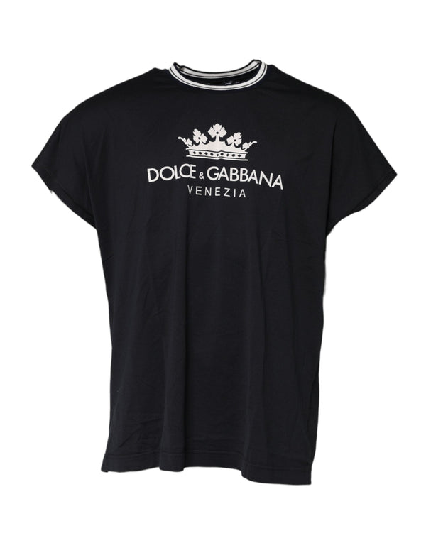 Dark Blue Venezia Crown Cotton Crew Neck T-shirt Dolce & Gabbana