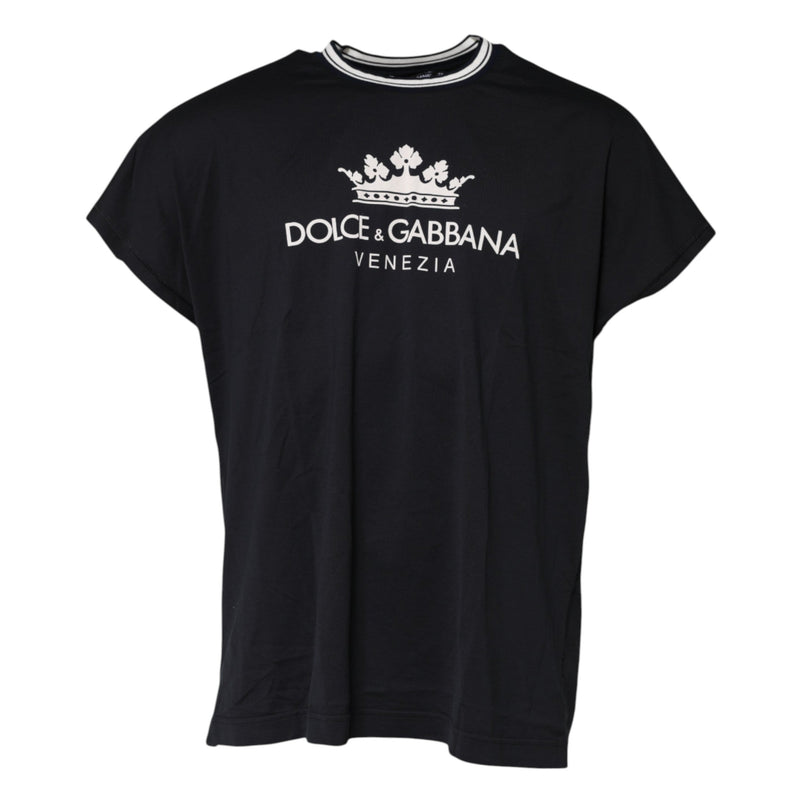 Dark Blue Venezia Crown Cotton Crew Neck T-shirt Dolce & Gabbana