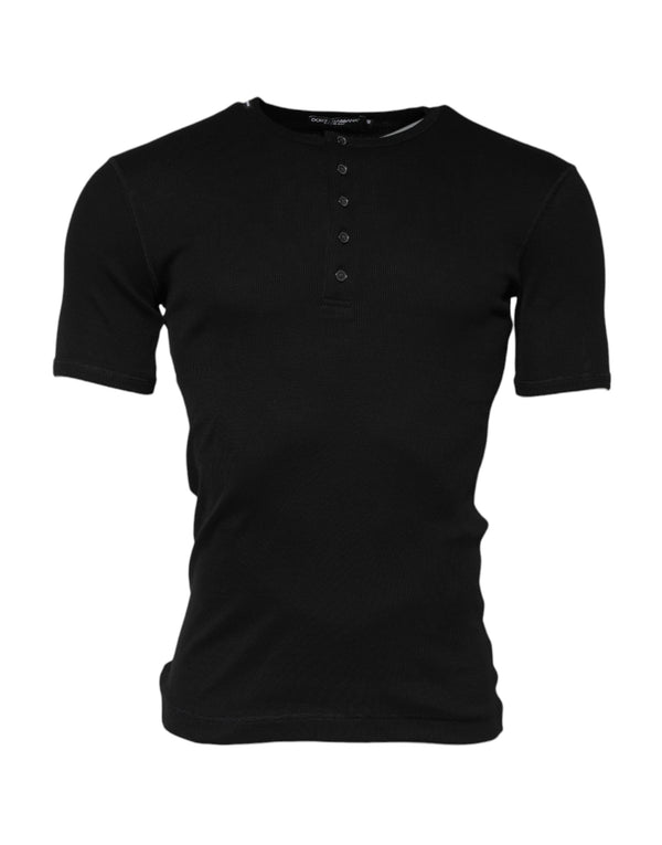 Black Cotton Knit Crew Neck Henley T-shirt Dolce & Gabbana