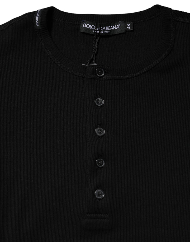 Black Cotton Knit Crew Neck Henley T-shirt Dolce & Gabbana