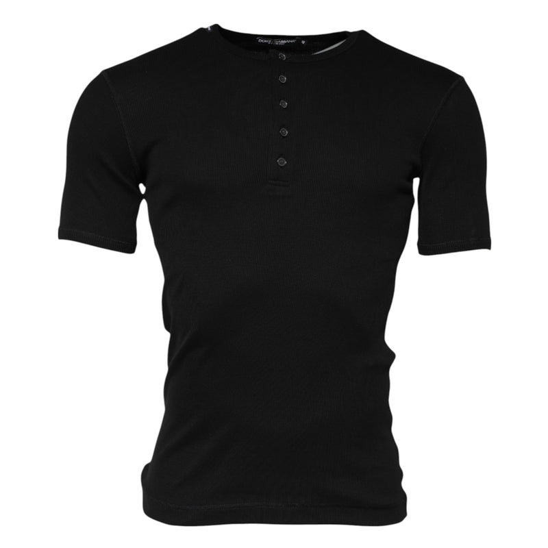 Black Cotton Knit Crew Neck Henley T-shirt Dolce & Gabbana