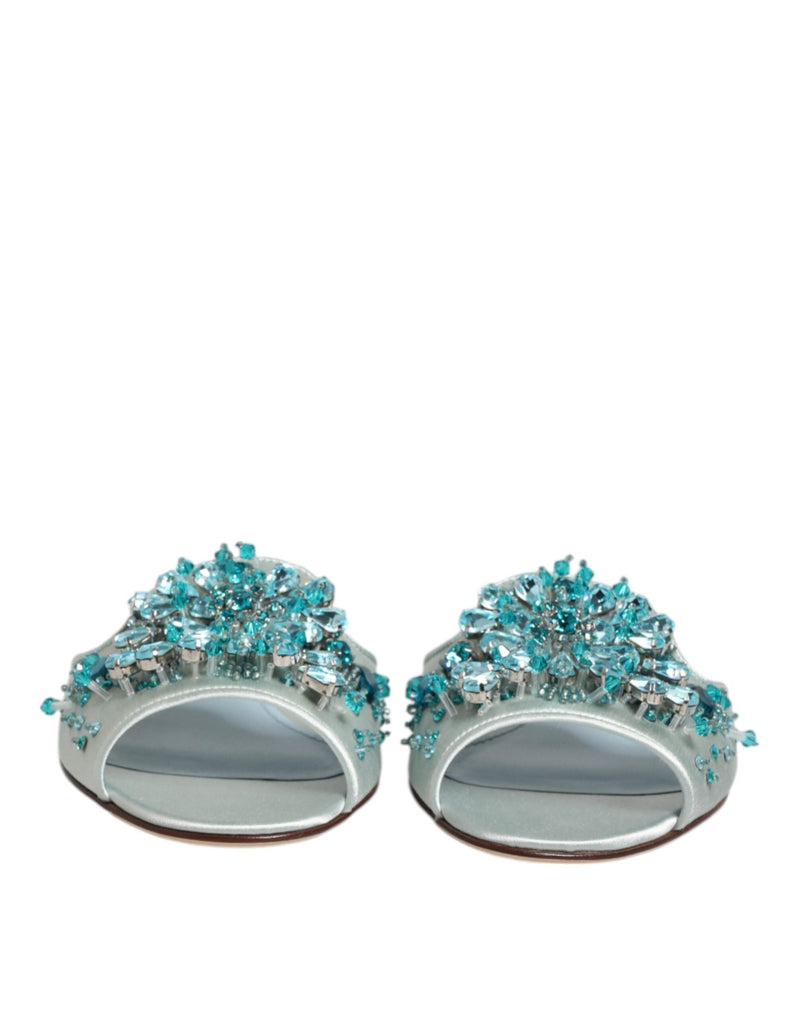 Silver Blue Leather Bead Embellish Slide Shoes Dolce & Gabbana