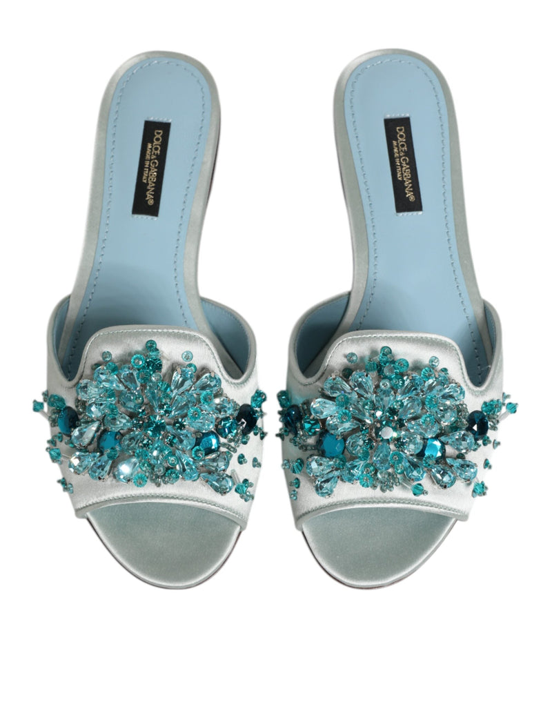 Silver Blue Leather Bead Embellish Slide Shoes Dolce & Gabbana