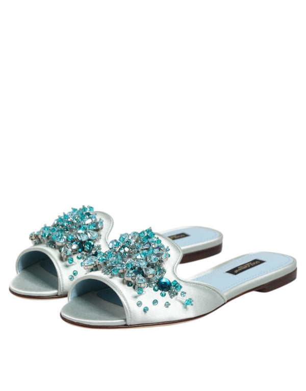 Silver Blue Leather Bead Embellish Slide Shoes Dolce & Gabbana