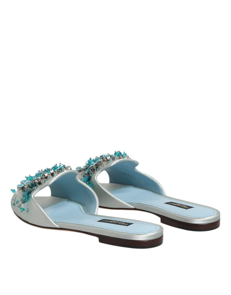 Silver Blue Leather Bead Embellish Slide Shoes Dolce & Gabbana