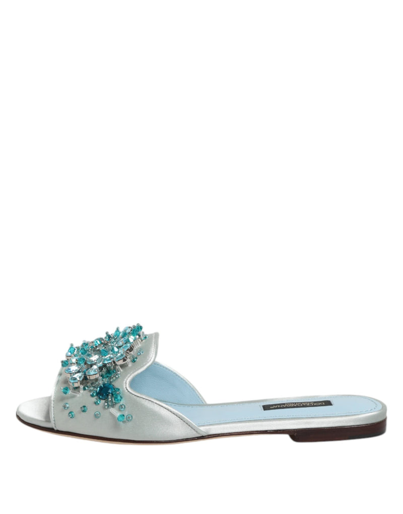 Silver Blue Leather Bead Embellish Slide Shoes Dolce & Gabbana