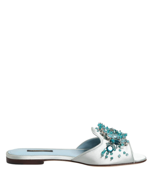 Silver Blue Leather Bead Embellish Slide Shoes Dolce & Gabbana