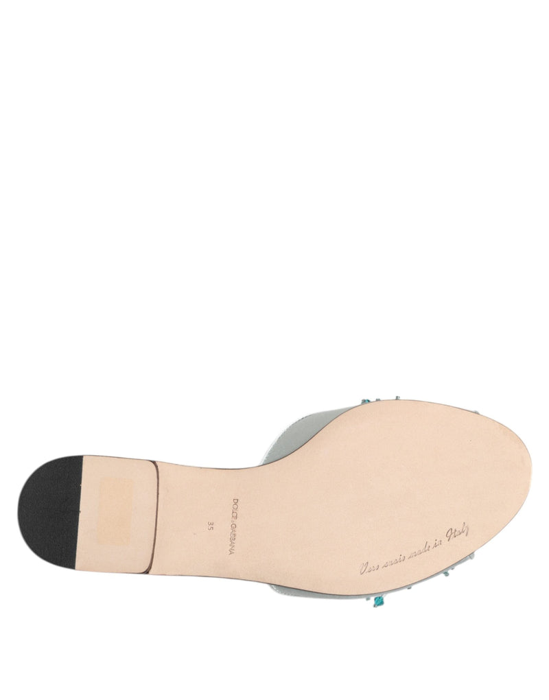 Silver Blue Leather Bead Embellish Slide Shoes Dolce & Gabbana