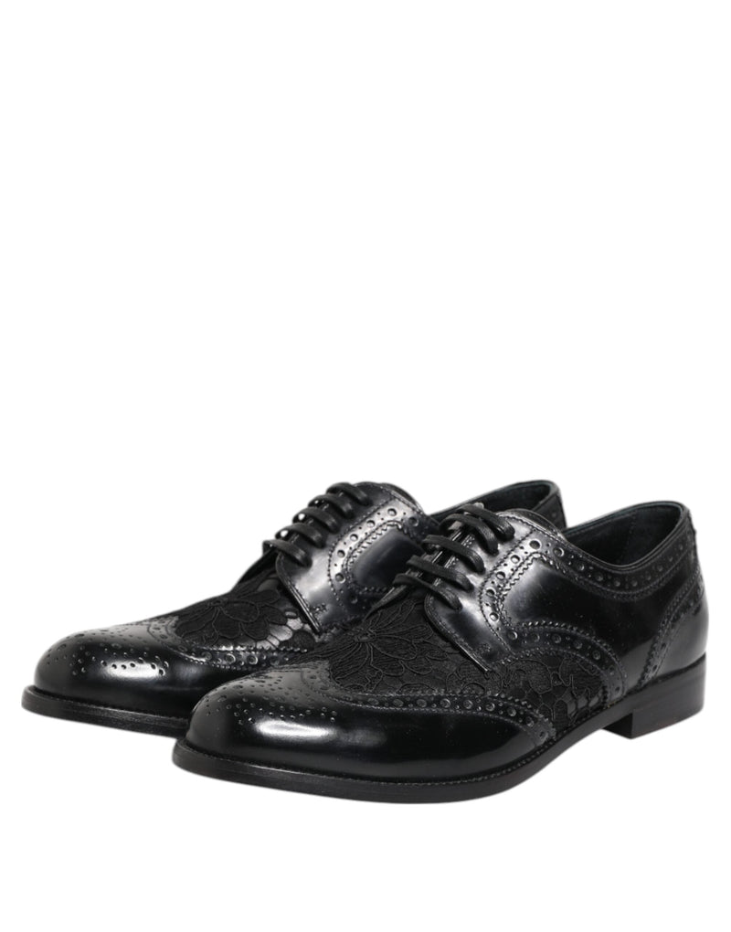 Black Leather Floral Lace Dress Formal Shoes Dolce & Gabbana