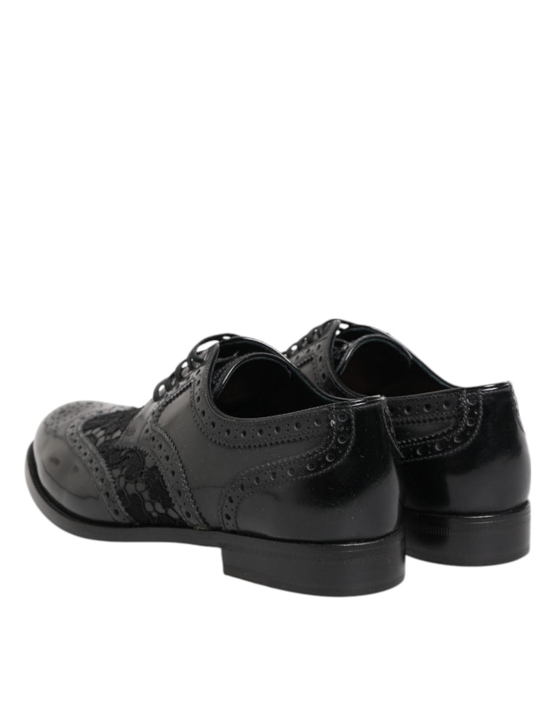 Black Leather Floral Lace Dress Formal Shoes Dolce & Gabbana