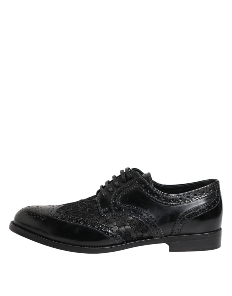 Black Leather Floral Lace Dress Formal Shoes Dolce & Gabbana