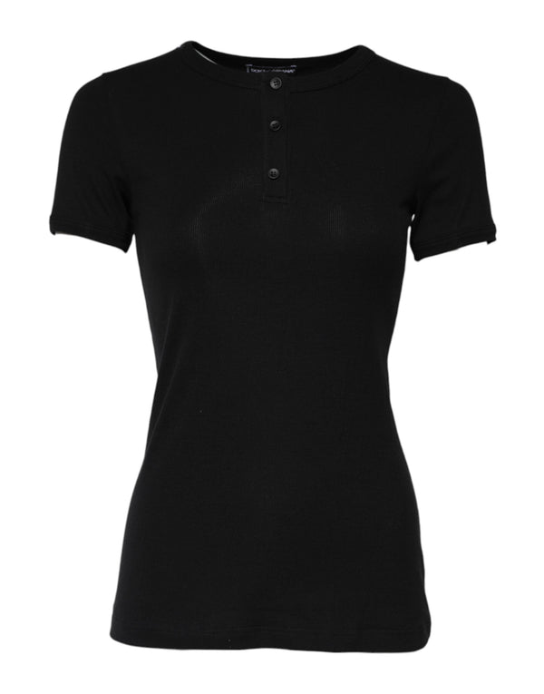 Black Cotton Henley Short Sleeves Top T-shirt Dolce & Gabbana