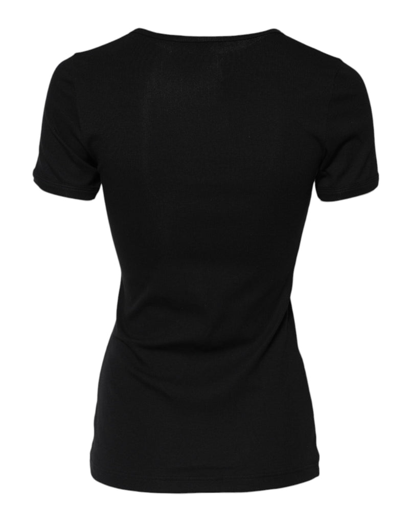 Black Cotton Henley Short Sleeves Top T-shirt Dolce & Gabbana