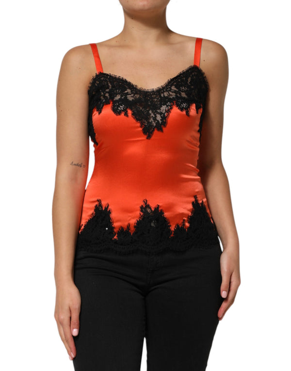 Red Black Lace Trim Silk Sleeveless Tank Top Dolce & Gabbana