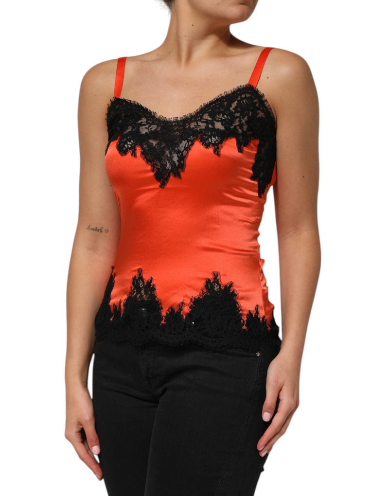 Red Black Lace Trim Silk Sleeveless Tank Top Dolce & Gabbana