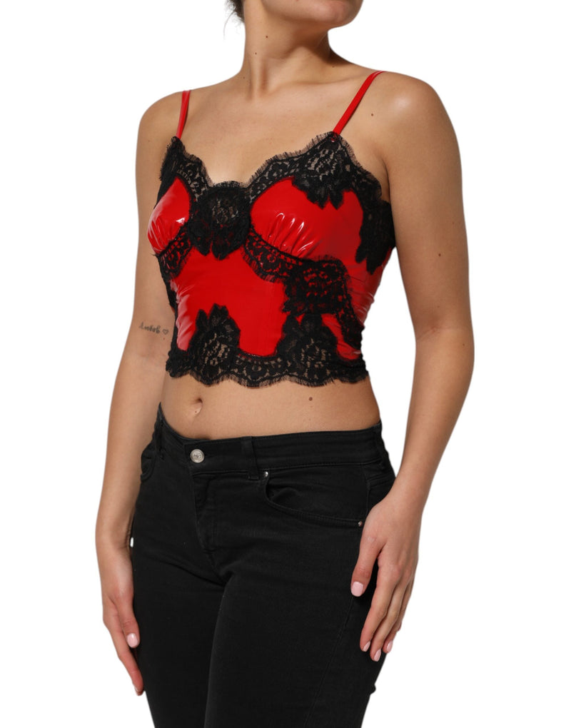 Red Black Lace Trim Polyester Sleeveless Tank Top Dolce & Gabbana