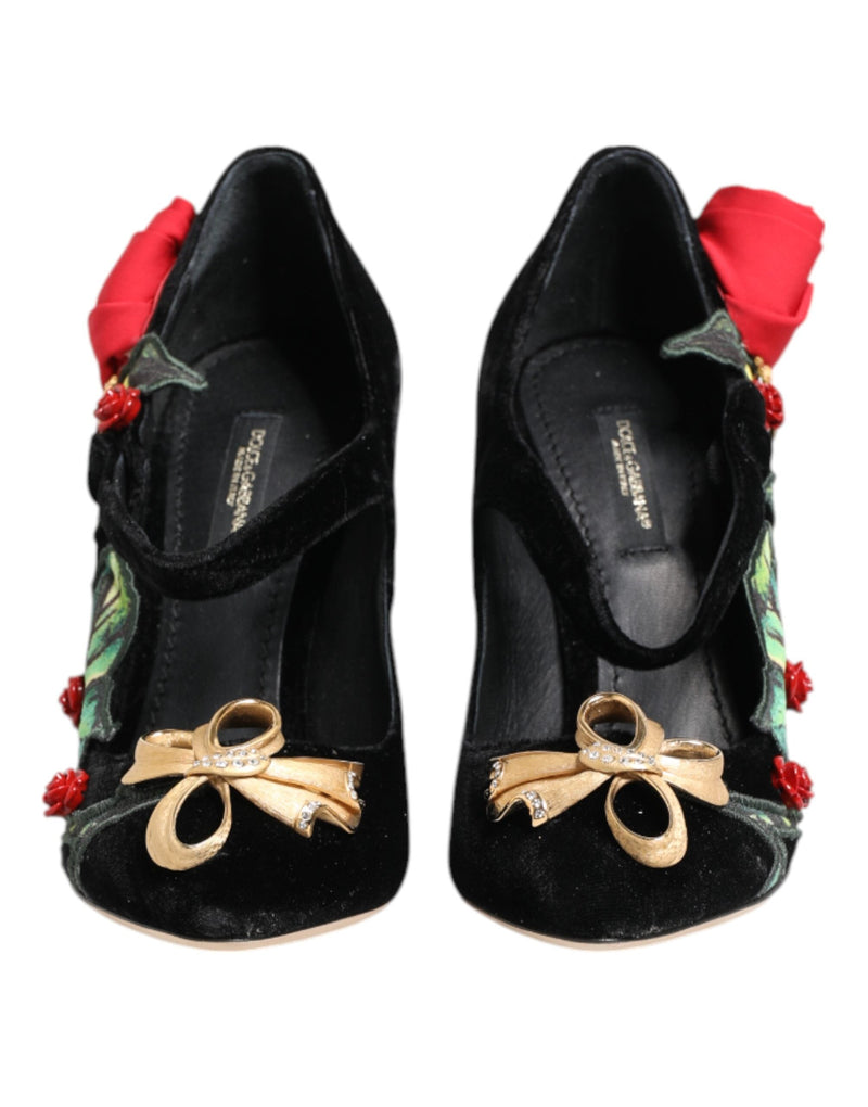 Black Roses Crystal Brooch Mary Jane Shoes Dolce & Gabbana
