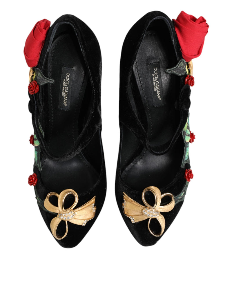 Black Roses Crystal Brooch Mary Jane Shoes Dolce & Gabbana