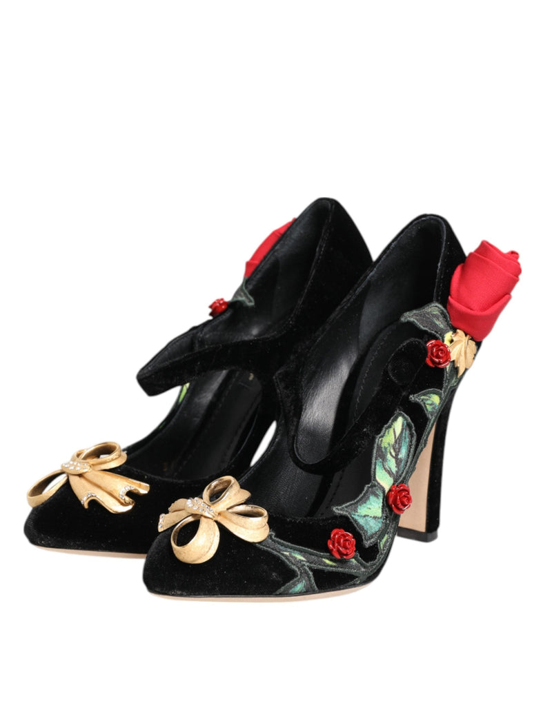 Black Roses Crystal Brooch Mary Jane Shoes Dolce & Gabbana