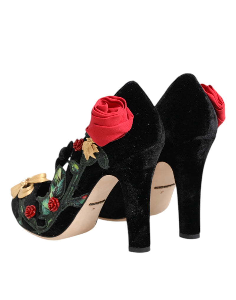 Black Roses Crystal Brooch Mary Jane Shoes Dolce & Gabbana