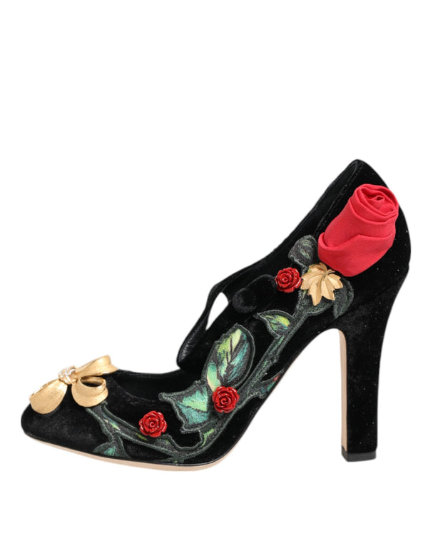 Black Roses Crystal Brooch Mary Jane Shoes Dolce & Gabbana