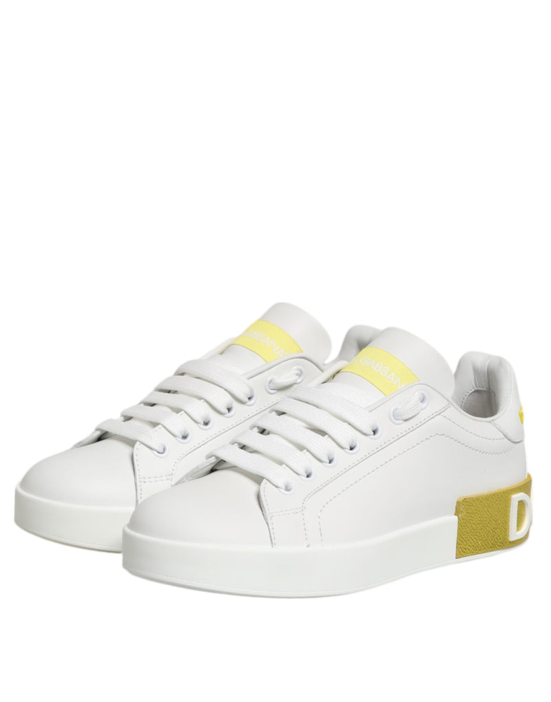 White Yellow Leather Low Top Sneakers Shoes Dolce & Gabbana