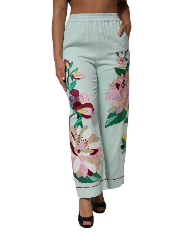 Green Floral Garterized Straight Pajama Pants Dolce & Gabbana