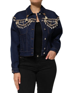 Blue Cotton Denim Crystal Embellished Jacket Dolce & Gabbana