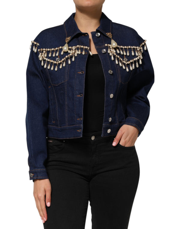 Blue Cotton Denim Crystal Embellished Jacket Dolce & Gabbana