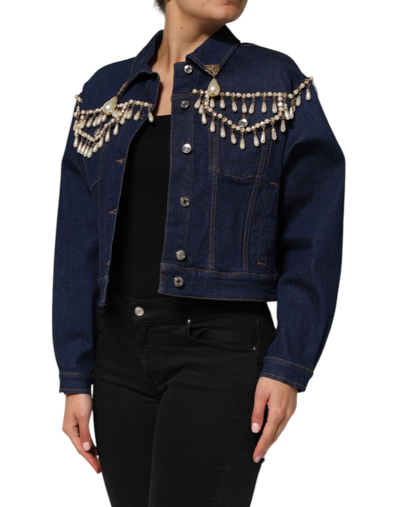 Blue Cotton Denim Crystal Embellished Jacket Dolce & Gabbana