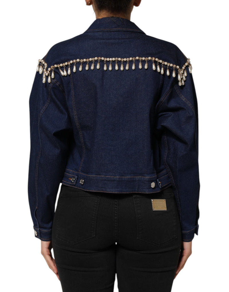 Blue Cotton Denim Crystal Embellished Jacket Dolce & Gabbana