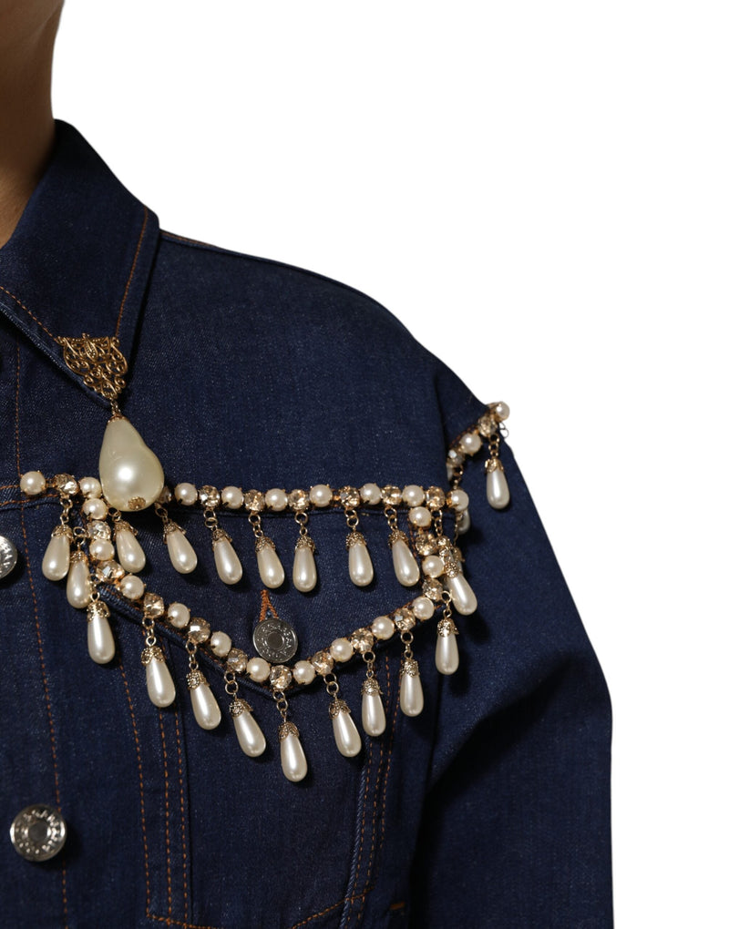 Blue Cotton Denim Crystal Embellished Jacket Dolce & Gabbana