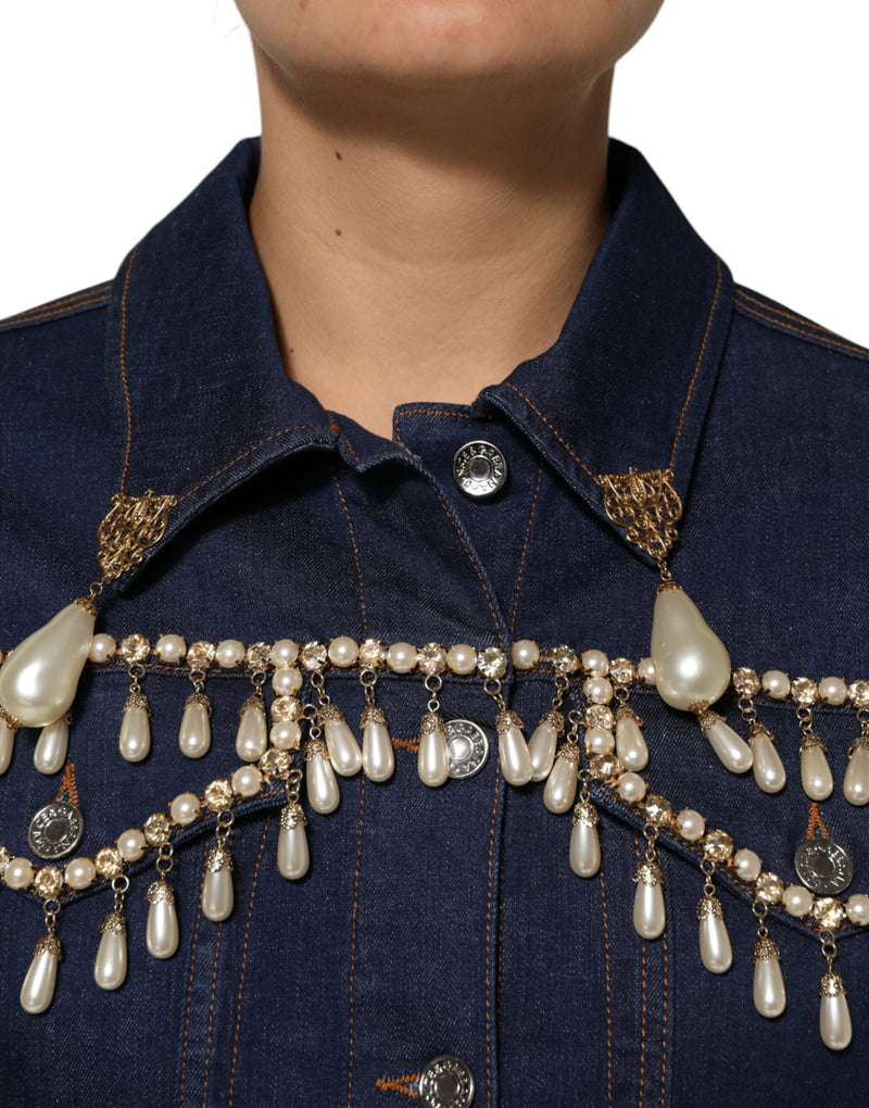 Blue Cotton Denim Crystal Embellished Jacket Dolce & Gabbana